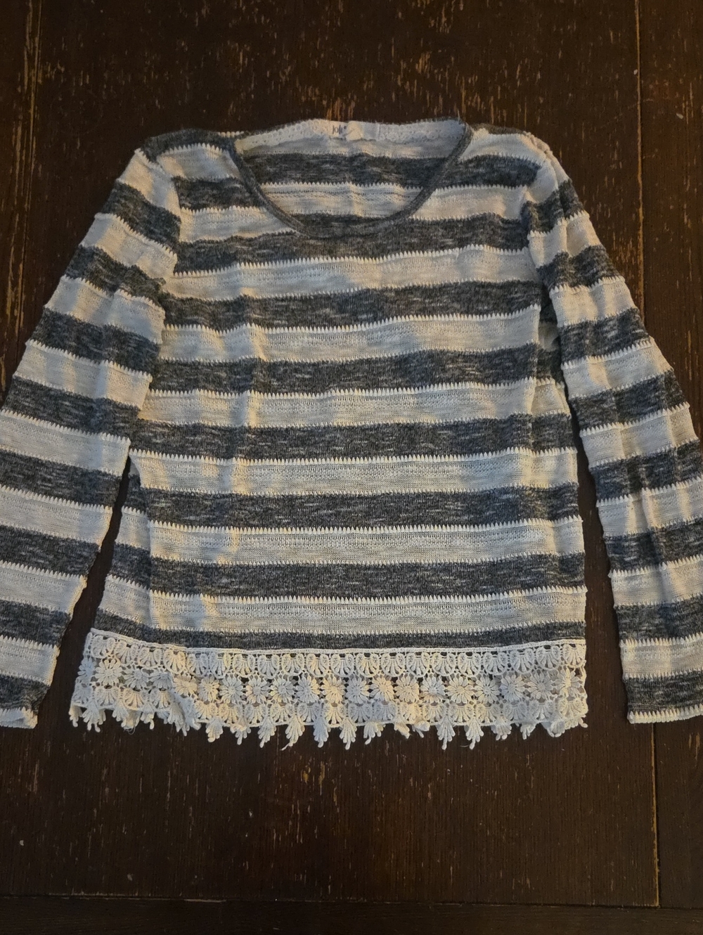Jolt Black & Off-white Striped Knit Top with Lace Trim